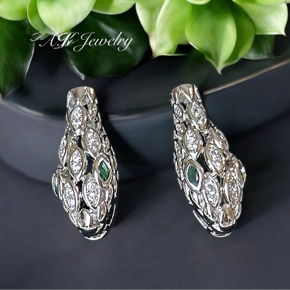 💎LUXURY SERPENT Earrings, Pave Snake, Serpentine with Emerald Green Eyes